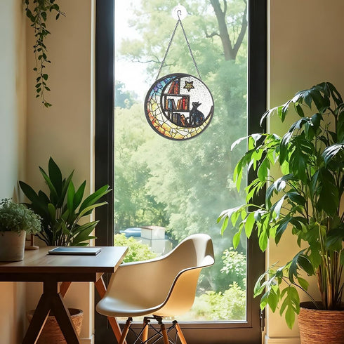 Iznomo Cat Suncatcher - Sun Catchers Indoor Window, Celestial Stained Glass Window Hanging Decor with Star & Bookshelf
