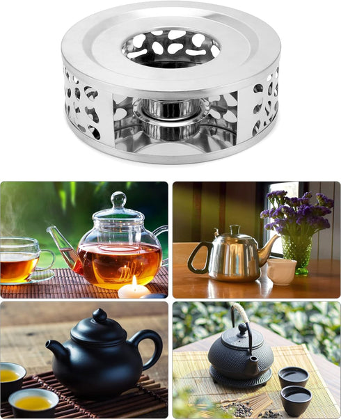 QWORK 2 Pack Tea Kettle Warmer, Brushed Stainless Steel with Hollow Frame and Tea Candle Holder, Silver