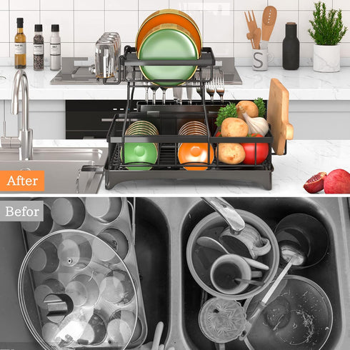 Godboat Dish Drying Rack, 2-Tier Dish Racks for Kitchen Counter with Drainboard & Mat