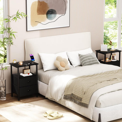 2 HETS002BK-1 LOAKEKEL Night Stand, Nightstand with Fabric Drawers for Bedroom, Small End Table with Open Storage Shelf