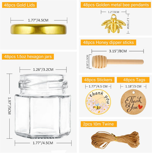 Lids-1.5oz,48 pack GIVAMEIHF Mini Glass Honey jars with Honey Jars,Small Honey Jar with Dipper,Thank You Tags,Jutes