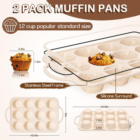 Silicone Muffin Pan - 12 Cups Muffin Baking Mold With Reinforced Stainless Steel Frame Inside, Non-stick Bakeware Durable Baking Mold Cupcake Molds,Dishwasher Safe,BPA Free