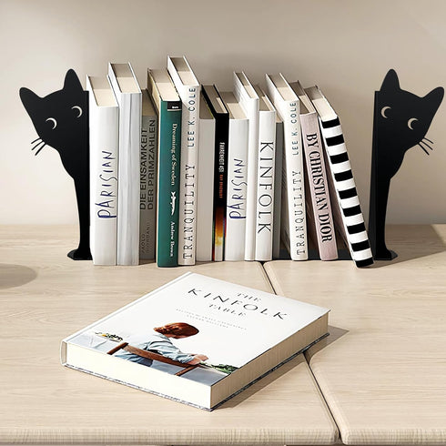 HENART 2 Sets 2PCS) Peeping Cat Bookends,Metal Cat Book Ends for Heavy Books for Shelves Decorative,Bookshelf Decor