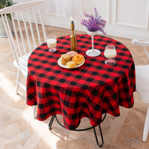 Buffalo Check Christmas Round Tablecloth - Cotton Linen Plaid Cover for 60 Inch Round Table Decoration