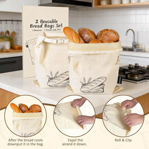 Set (1 1 Washable Sourdough Bread Bags for Homemade, Hybrid Beeswax + TPU Freezer Bag), Reusable Beeswax Bread Bags