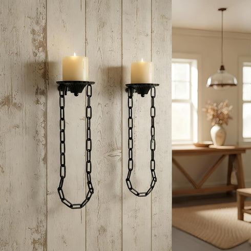 Sconce(Set 2)-Medieval Candle of Metal Wall Decorations-Gothic Retro Chain Wall Candle Sconces-Black Wall Sconces