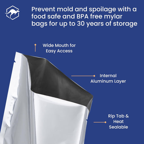 50x Wallaby 1-Cup Mylar Bag Bundle, 5 Mil Mylar Bags + 50 Labels, Heat Sealable, Food Safe Storage Solutions