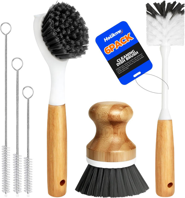 Holikme 6 Pack Dish Brush Scouring Pad Set with Bottle Brush, Dish