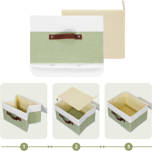 ANMINY Washable Storage Boxes with Lids, Decorative Storage Bins Basket with PU Leather Handle, Foldable Linen Fabric