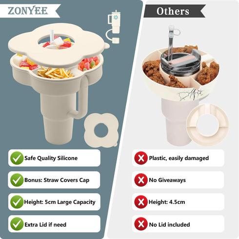 Snack Bowl with Lid for Stanley 30 oz Tumbler with Handle, Silicone Snack Tray Snack Ring for Stanley Cup Accessories, Suitable for Car Cup Holder or Outdoor, Cream by ZONYEE