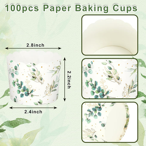 100Pcs Eucalyptus Leaf Paper Baking Cups Green Gold Foil Leaves Cupcake Wrappers Scalloped Edge Cupcake Muffin Cases for Wedding Birthday Party by JarThenaAMCS