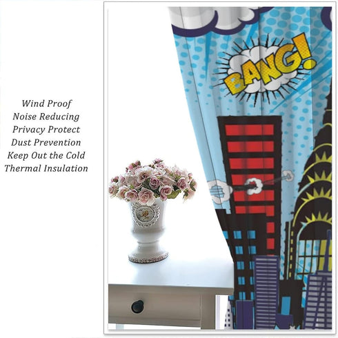 42x63in Super City Hero Window Curtains for Kids, City Skyline Buildings Cityscape Blackout Rod Pocket Window