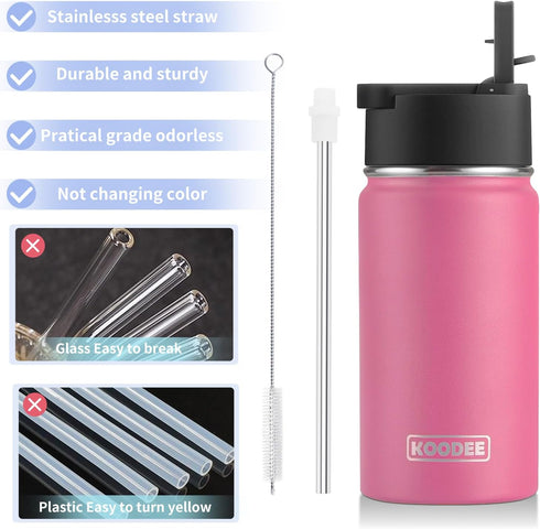 koodee 12 oz Water Bottle with Straw, Stainless Steel Double Wall Vacuum Insulated Flask for Girls and Boys (Pink Red)