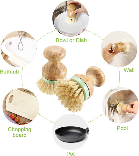 4 Pieces Bamboo Dish Scrub Brush, Wooden Round Scrubbers, Stiff Bristles for Wash Dishes, Kitchen