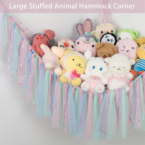 Hammock 59 Inch Stuffed Animal with LED Lights - Large Toy Storage Net for Kids Bedroom, Wall-Mounted Plush Organizer