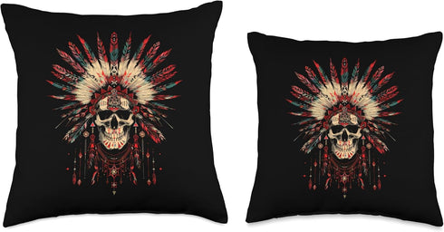 Colorful Native Skull Robotic Skull Indian Feather Headdress Throw Pillow Decor