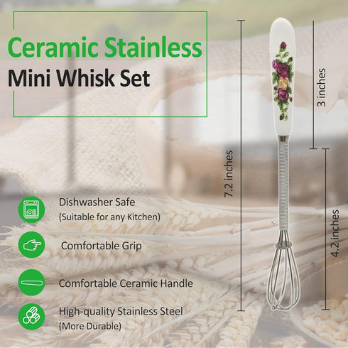 Verdental 4 Pieces 7 Inches Small Stainless Steel Whisks with Flower Shape Ceramic Handle, Tiny Balloon Whisk