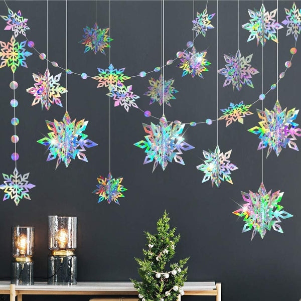Cheerland Winter Wonderland Iridescent Snowflake Hanging Garland Decorations, Holographic Paper Snowflakes for Christmas