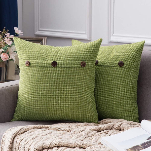 MIULEE Set of 2 Decorative Linen Throw Pillow Covers, Vintage Farmhouse Triple Button Cushion Case, 16 x 16 Inch Green