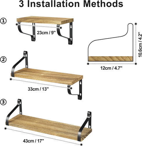 Set 3, Love-KANKEI Floating Shelves Wall Mounted of Rustic Wood Wall Storage Shelves for Bedroom, Living Room