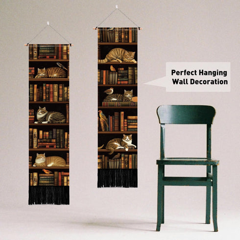2 Pack 52" 13" PLIGREAT Vintage Bookshelf Wall Hangings, Classic Library Tapestry with Tassels Vertical Cats Wall