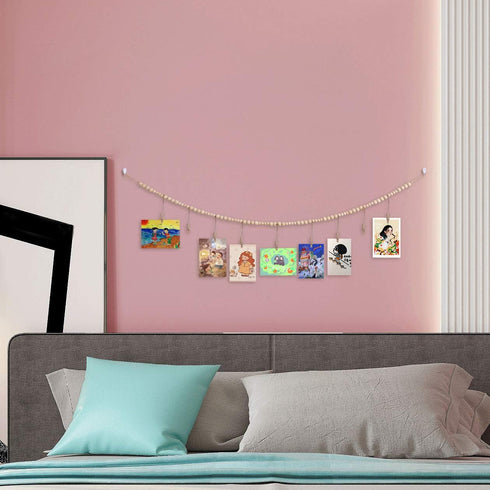 Wall Hanging Photo Display with Wooden Beads Garland, Collage Picture Frame for Boho Home Decor