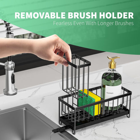 Cisily Sponge Holder for Kitchen Sink, Rustproof 304 Stainless Steel Caddy with High Brush Holder and Soap Dispenser