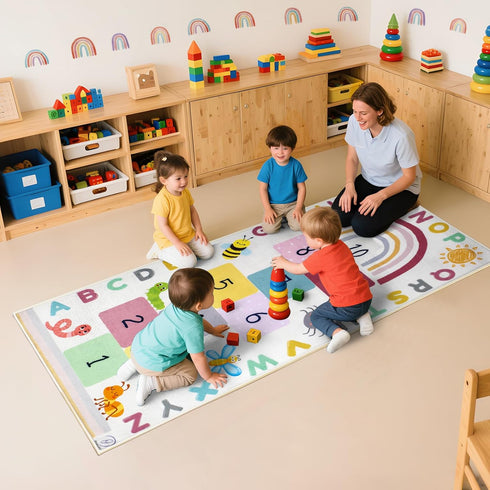 OVALLEY Hopscotch Rug for Kids, Hopscotch Play Mat, ABC Classroom Learning Mat, Small Kids Rug for Playroom, Non-Slip