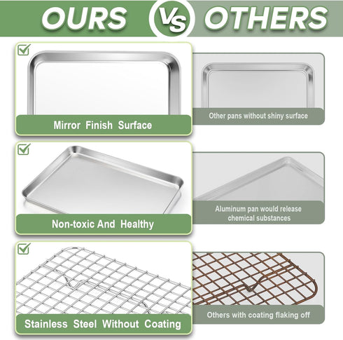 TeamFar Toaster Oven Pan with Rack Set, 9’’ x 7’’ x 1’’ Stainless Steel Baking Tray with Mini Cooling Grid Rack, 2pcs