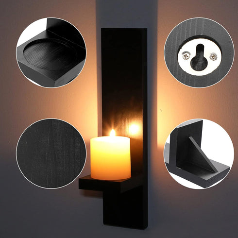 OwnMy Set 2 of Wooden Wall Candle Sconces Rustic Wall Mount Wooden Pillar Candle Sconces, Black Farmhouse Wall Candle