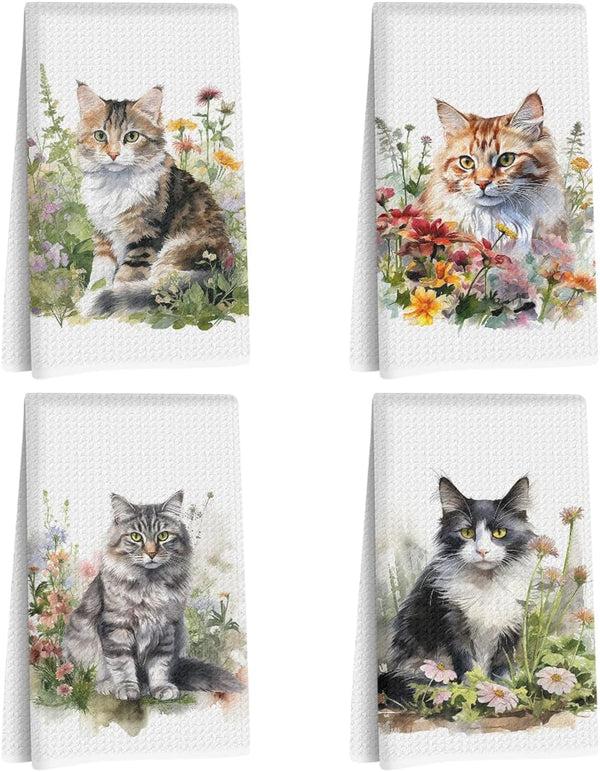 Lovdazzles 4 Pcs Watercolor Cat Kitchen Towels, Pastoral Flower Decorative Absorbent Microfiber Dish