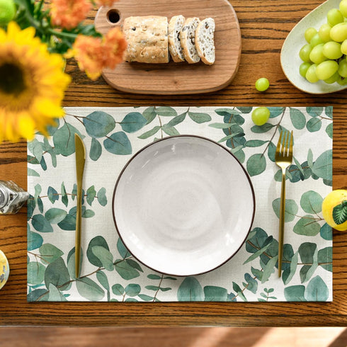 Artoid Mode Eucalyptus Leaves Summer Placemats for Dining Table, 12 x 18 Inch Set of 4 Green Rustic Vintage Washable