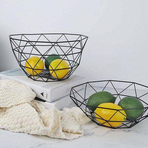 Geometric Metal Wire Fruit Bowl, Iron Arts Storage Basket for Kitchen Counter, Black