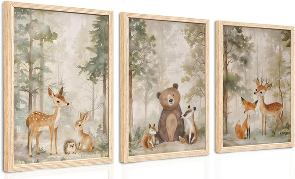 ICHZUMW Woodland Nursery Decor Wall Art Set of 3, Cute Forest Friend Animal