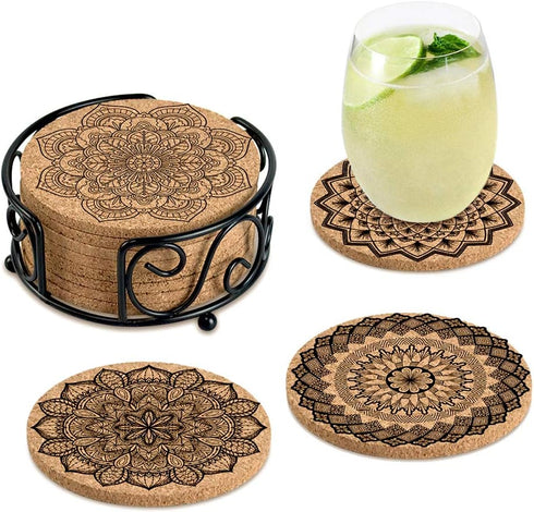 Absorbent Cork Coasters for Drinks with Holder, Housewarming Gifts for New Home, Living Room Decor, Apartment Decor