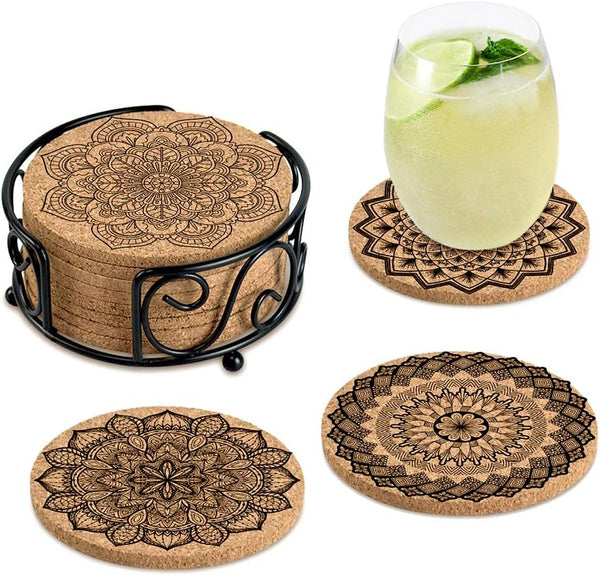 Absorbent Cork Coasters for Drinks with Holder, Housewarming Gifts for New Home, Living Room Decor, Apartment Decor