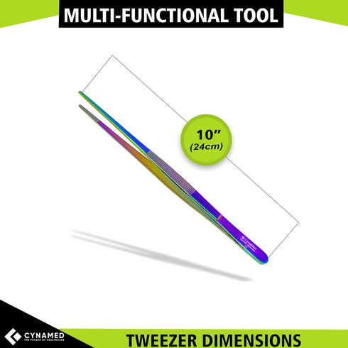 Cynamed 10” Kitchen Premium Tongs Tweezers, Stainless Steel with Precision Serrated Tips (Rainbow)