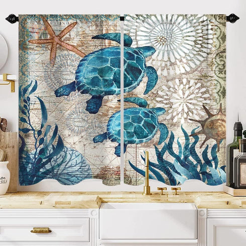 Nautical Blue Sea Turtles Beach Short Kitchen Window Curtains Set of 2 Panels 27.5 W x 39 L Inches