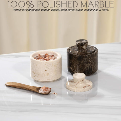 SIMPLURA STUDIO (3.5oz) Countertop Beige Marble Salt Cellar with Lid - Scratch-resistant & Easy-to-Clean Salt