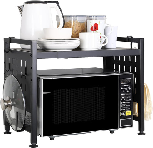 Extendable 2 Tier Microwave Oven Rack - Adjustable Shelf for Kitchen Countertop with 4 Hooks and Pot Lid Support