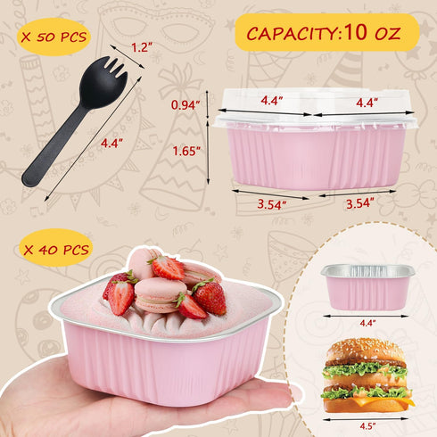 LNYZQUS 10oz Mini Cake Pans with Lids, 40 Pack Aluminum Foil Square Brownie Baking Cups, Disposable Jumbo Muffin Tin