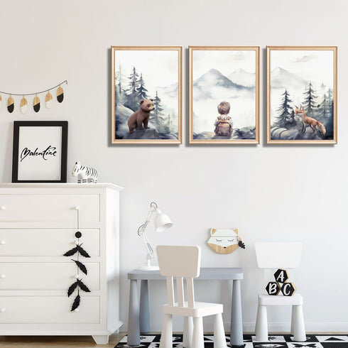 Generic 3Pcs (12x16 Boy Adventure Nursery Wall Art Woodland Animals Bear & Fox Wall Decor Picture Watercolor Mountain