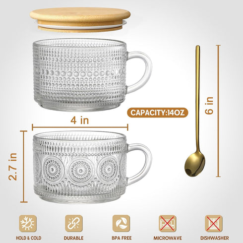 LANDNEOO Vintage Coffee Mugs Set - 4pcs 14oz Clear Glass Cups with Bamboo Lids & Spoons, Perfect Gifts for Women!