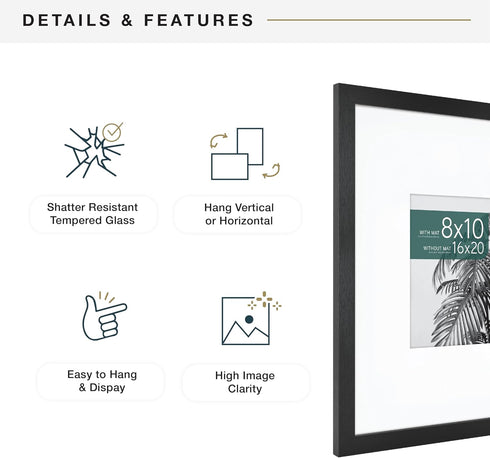 MCS Studio Gallery 16x20 Matted Photo Frame with 8x10 Picture Display, Black Woodgrain, Vertical & Horizontal Wall