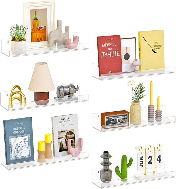 Dooiclear 6 Pack Floating Shelves for Wall, 15" Clear Book Shelf, Acrylic Floating