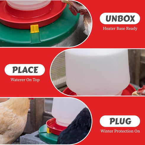 28W -20F, My Favorite Chicken Heated Poultry Waterer Base Electric Chicken Water Heater for Winter, Freeze-Proof