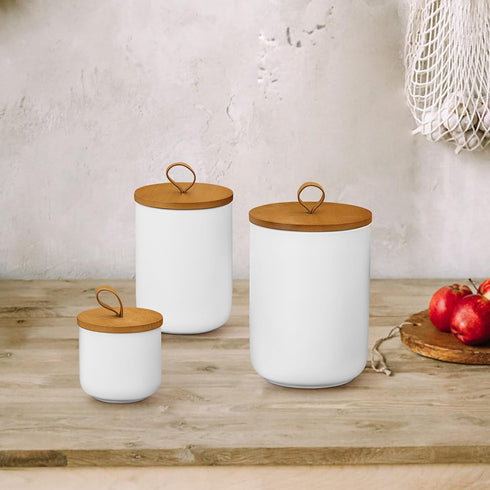 Ceramic Storage Jars, Elegant Airtight Canisters with Wooden Lid for Kitchen Spice Tea Sugar Storage (White)