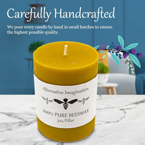 100% Pure Beeswax Candle - Medium Pillar Candle, 60 Hour Burn Time, 3x4 Inch - Alternative Imagination