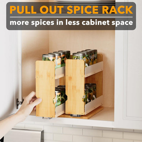 7.3" 2 Drawers(3" 2-Tier, SpaceAid Bamboo Pull Out Spice Rack Organizer for Cabinet, Heavy Duty Slide Out Seasoning