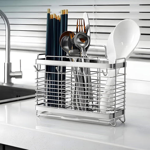 Utensil Holder with 3 Compartments, Stainless Steel Drying Rack, Dish Drainer for Kitchen Counter, Silverware Organizer